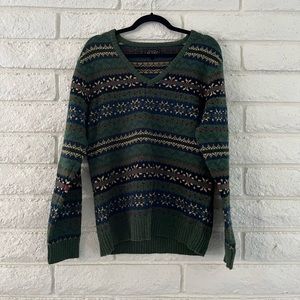 BEAMS PLUS FAIR ISLE V NECK SWEATER GREEN Sz L